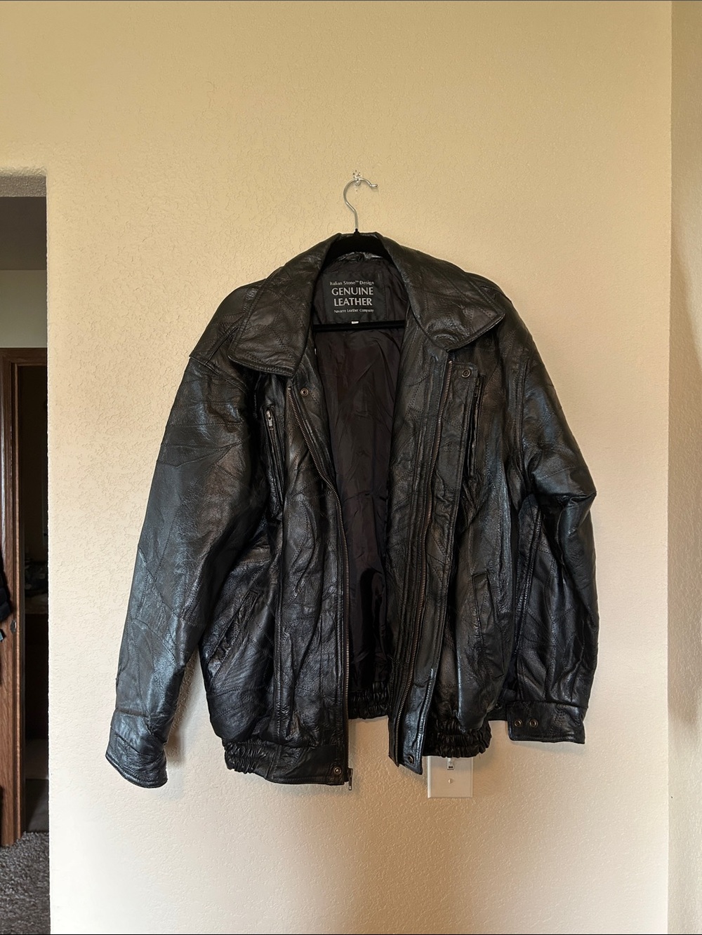 Italian Stone Design Genuine Leather Bomber Jacket Black XL Vintage Zip Coat